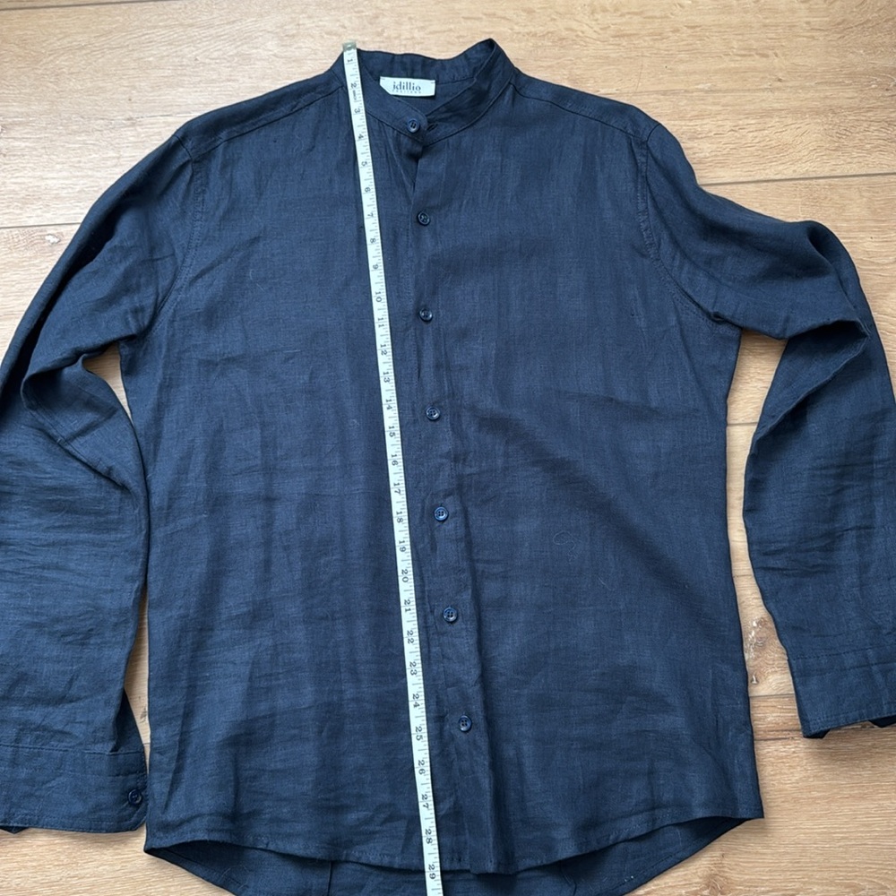 Dark Blue Linen Button-Down High Collared Shirt - image 4